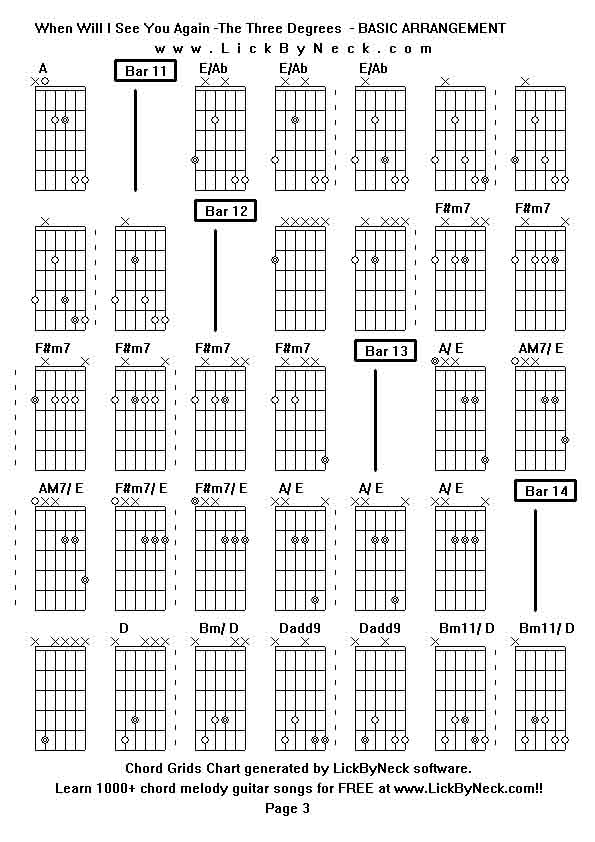 Chord Grids Chart of chord melody fingerstyle guitar song-When Will I See You Again -The Three Degrees  - BASIC ARRANGEMENT,generated by LickByNeck software.